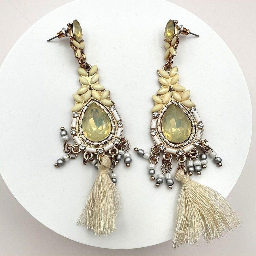 VTG 90s Y2K Rhinestone Beaded Tassel Teardrop Earrings Gold Tone Boho Jewelry